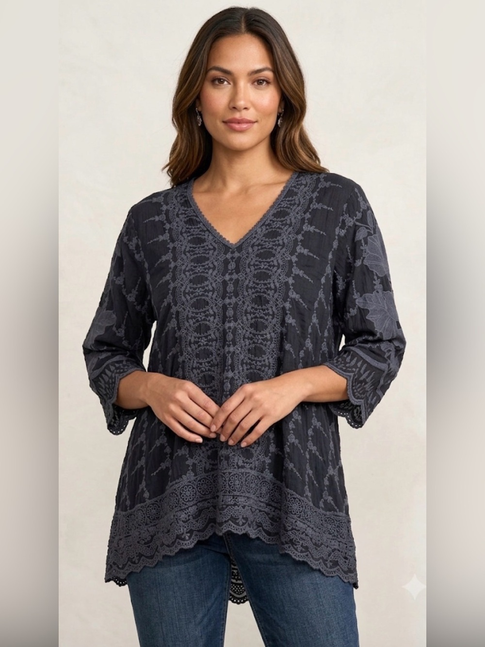 Johnny Was Hakaru Embroidered Tunic Top 3/4 Sleeves , Small